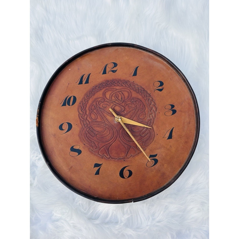 Vintage Unique Leather Arts & Crafts Clock Hand Crafted Craftsman Style Large